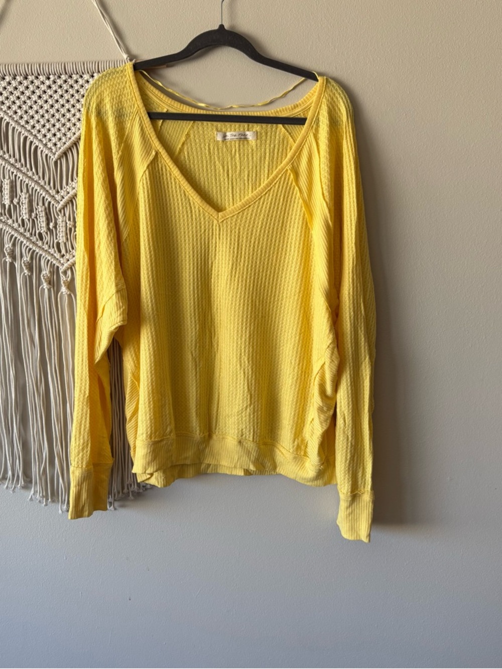 Free People Sunny Yellow V-Neck Waffle Knit Pullover